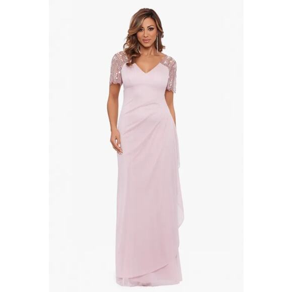 XSCAPE Embellished V-Neck Beaded Flutter Sleeve Dress Rose Pink Size 8 NWT - Picture 1 of 10